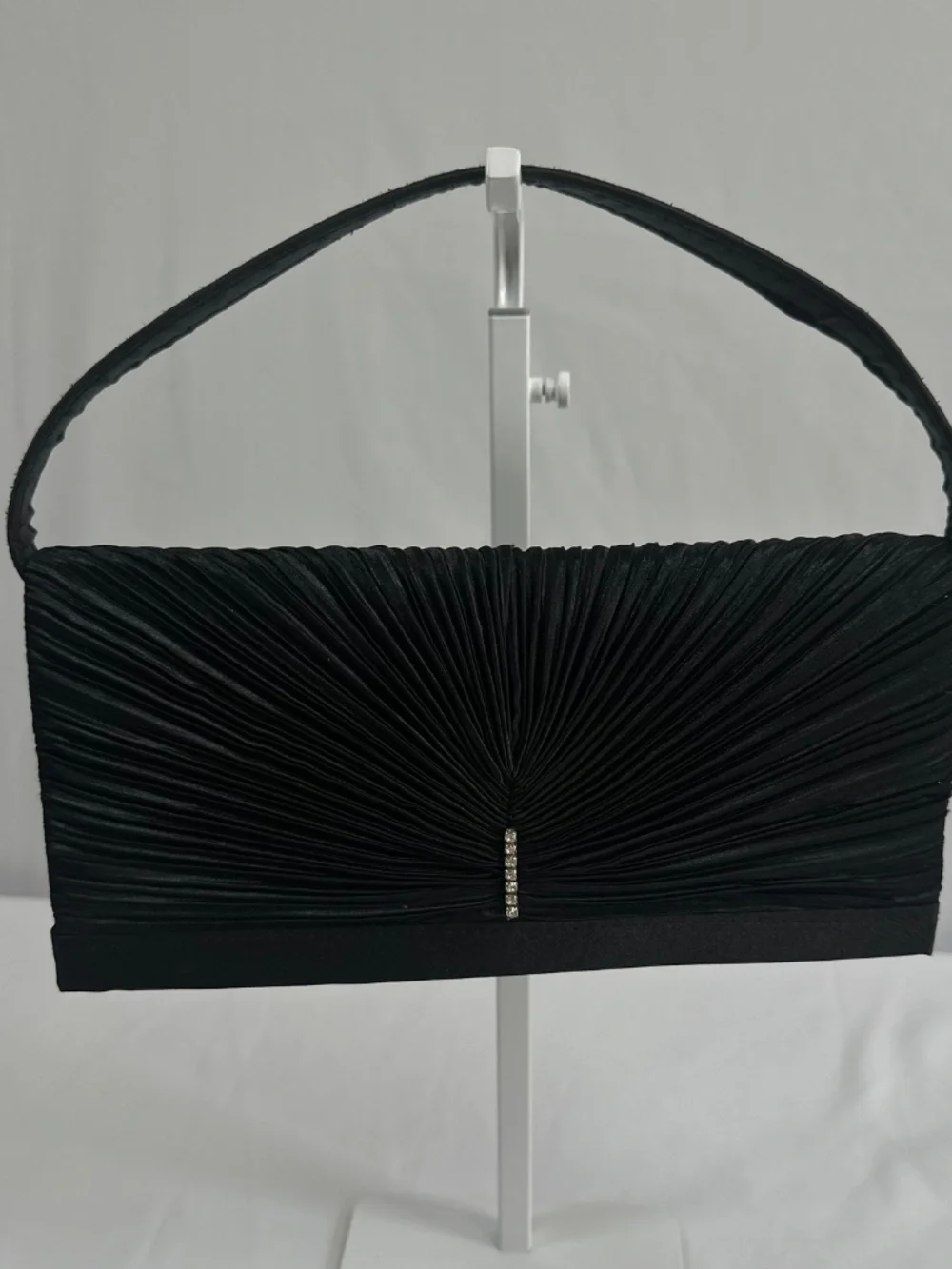 Black Evening Bag Ruching and Jeweled Embellishment Magnetic Snap Short Strap